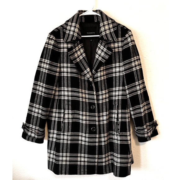 Talbots Black & White Plaid Wool Blend Big Button Preppy Academia Pea‎ Coat 16 - Picture 1 of 7